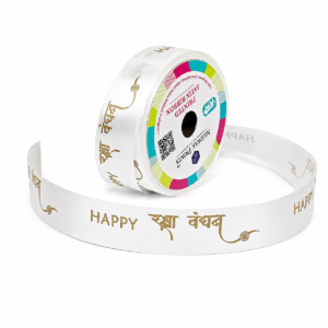 White Happy Raksha Bandhan Printed Satin Ribbon Roll – 0.75 Inch Wide, 30 Meters